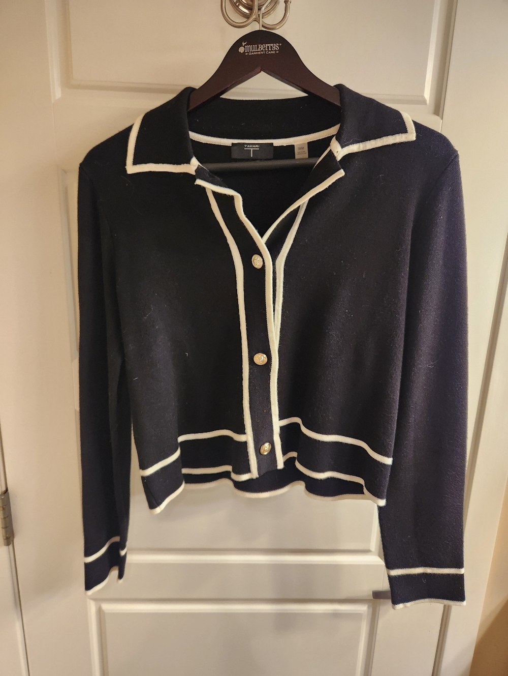 Tahari Black Cropped Cardigan Sweater with White Trim -size M